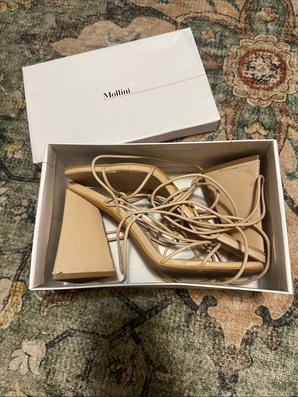 Mollini Beige Strappy Lace-Up Block Heels